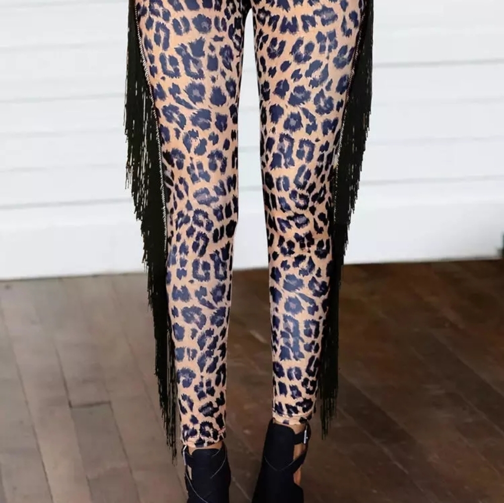 Leopard Tassel Elastic Waist Pants